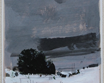 Original Small Winter Landscape  Painting on Panel, Fridge Magnet, "Chickabiddy Snow"