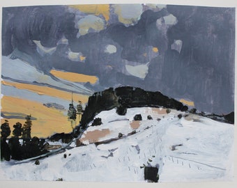 Original Winter Landscape Collage Painting on Paper, 11 x 15 Inches, Stooshinoff, "Final Light on Lost Dog Hill"