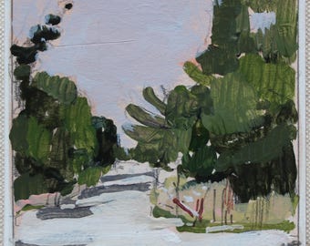 May include: An original landscape painting featuring a road winding through a forest. The artwork uses a palette of greens, whites, and a pale blue sky. The painting is on a square canvas with a white border.