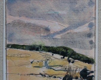 May include: Abstract watercolor painting of a landscape with a field in the foreground, a line of trees in the middle ground, and a cloudy sky in the background.