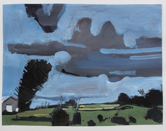Könnte beinhalten: Ein Gemälde einer Landschaft mit blauem Himmel und weißen Wolken. Im Vordergrund ist ein kleines Haus zu sehen, im Mittelgrund ein großer Baum. Der Himmel ist mit dicken Strichen blauer und weißer Farbe gemalt.