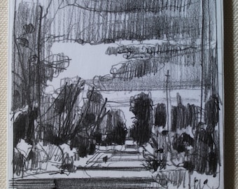 Original Small Plein Air Landscape Pencil Drawing on Panel, Fridge Magnet, Stooshinoff, "Evening Clouds"