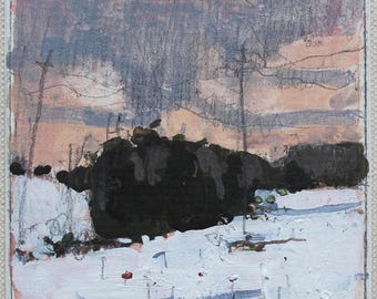 Original Small Acrylic Landscape Painting on Panel, Fridge Magnet, "Dusk Bloom", Stooshinoff