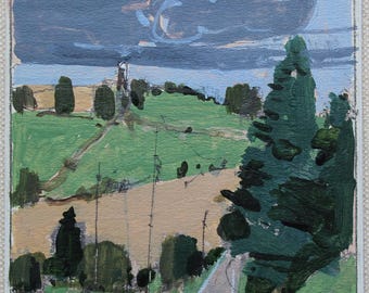 Original Small Acrylic Landscape Painting on Panel, Fridge Magnet, "Garden Hill May"