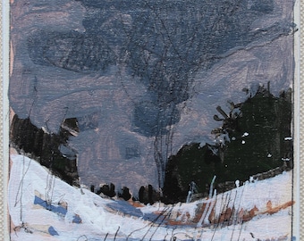 May include: An abstract painting of a winter landscape. The artwork features a snowy foreground, dark trees, and a cloudy sky. The color palette includes shades of gray, white, and black, creating a moody and atmospheric scene.