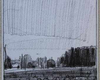 Originele kleine luchtpotloodlandschapstekening op paneel, koelkastmagneet, 'Drizzle Day'