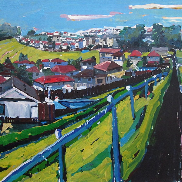Original Large Summer Urban Landscape Painting on Paper, Stooshinoff, "Green Morning"