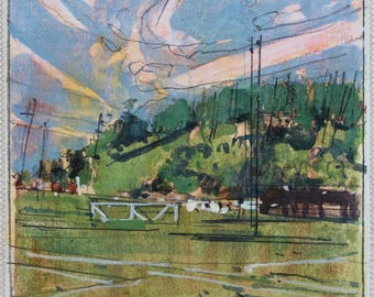 Original Small Gouache Landscape  Painting on Panel, Fridge Magnet, "Sunday Morning Park"
