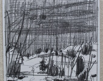 At Edith's Line,  Original Tiny Landscape Plein Air Pencil Drawing on Panel, Fridge Magnet, Stooshinoff