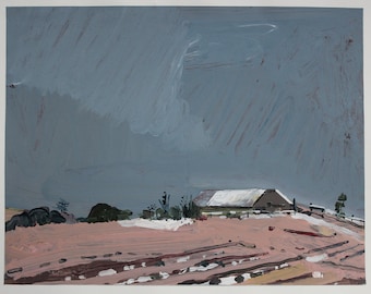 Horse Barn, December 2, Original  Landscape Painting on Paper, 15 x 11 Inches, Stooshinoff
