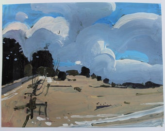 Original Spring Landscape Collage Painting on Paper, 11 x 15 Inches, "March Hill"