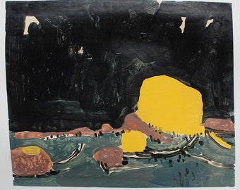 Original Landscape Collage Painting on Paper, Stooshinoff, "The Yellow Rock"