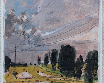 Original Small Gouache Landscape  Painting on Panel, Fridge Magnet, "Hill House"