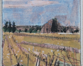 Pequeño cuadro original de paisaje al aire libre pintado con gouache sobre tabla, imán para nevera, "April Homestead"