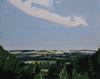 May include: A painting of a landscape with a blue sky and white clouds. The foreground is a field of green trees and bushes.