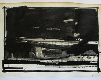 Original India Ink Landscape Drawing on Paper, "The Black Pictures, Hover"