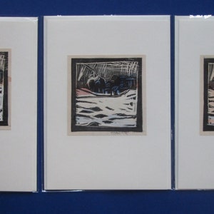 3 impressions de paysage Lino cut colorées à la main, cartes de vœux avec manches de violoncelle, Stooshinoff