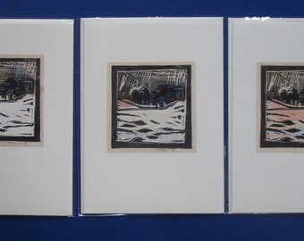 3 Original Hand Coloured Lino Cut Landscape Prints, Greeting Cards with Cello Sleeves, Stooshinoff