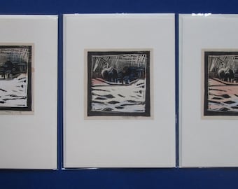 3 Original Hand Coloured Lino Cut Landscape Prints, Greeting Cards with Cello Sleeves, Stooshinoff