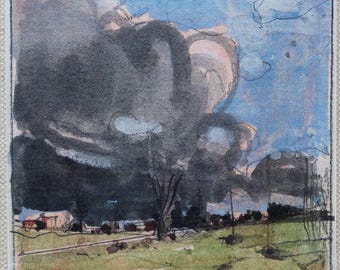 Pequeño cuadro original de paisaje en gouache sobre tabla, imán para nevera, "Nube de lluvia sobre la colina de la granja de caballos".