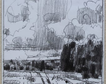 Dibujo original de pequeño formato de paisaje al aire libre sobre tabla, imán para nevera, Stooshinoff, "East Forest Way"