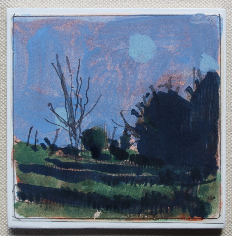 Wolf Tree at Dusk, Original Small Gouache Landscape Painting on Panel, Fridge Magnet, Stooshinoff image 1