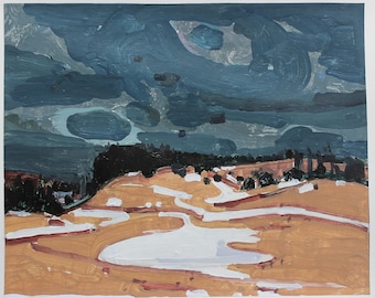 Original Spring Landscape Collage Painting on Paper, 11 x 15 Inches, "March End on Lost Dog Hill"