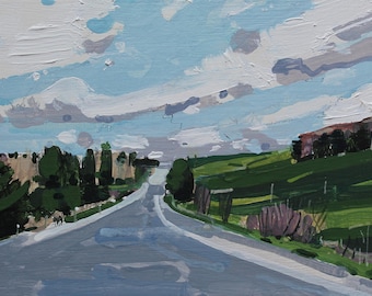 May include: An impressionistic painting of a road receding into the distance under a cloudy sky. The road is gray, flanked by green fields and trees. The sky is a mix of blue and white, with textured brushstrokes.