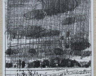Rain over North Field, Original Small Plein Air Landscape Pencil Drawing on Panel, Fridge Magnet, Stooshinoff