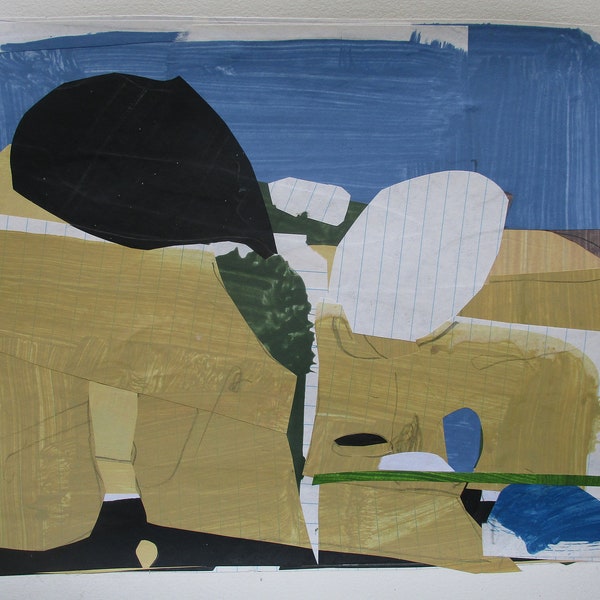 At the River, Original Abstract Collage Painting on Paper 11 x 15 Inches, Stooshinoff