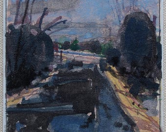 Original Small Gouache Plein Air Landscape  Painting on Panel, Fridge Magnet, "Deans Hill Rise"
