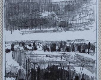 Evening Shadows, Original Small Plein Air Landscape Drawing on Panel, Fridge Magnet, Stooshinoff