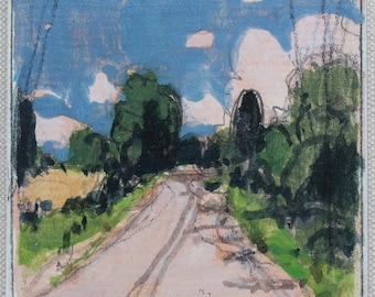 May include: A square decorative tile featuring a painted landscape of a dirt path winding through green trees and foliage under a blue sky with soft pink clouds. The artwork uses visible brushstrokes and dark outlines to define the scenery.