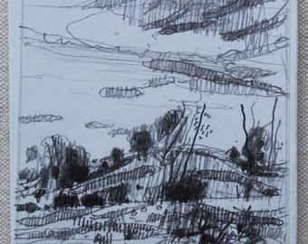 Secret Field, October 6, Original Small Summer Landscape Plein Air Pencil Drawing on Panel, Fridge Magnet, Stooshinoff