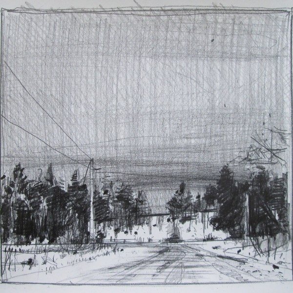 February Snow, Original Landscape Pencil Drawing, Stooshinoff