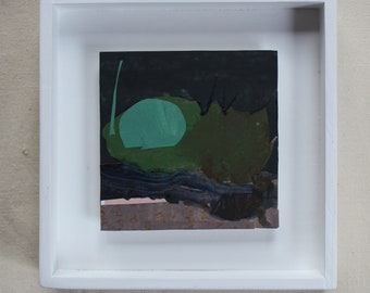 Summer Night, Original Canadian Abstract Landscape Collage  Painting on Panel, 6.5 x 6.5 Inches,  Framed, Stooshinoff