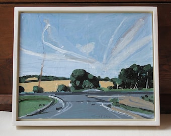 May include: A painting of a rural landscape with a road leading into the distance. The sky is a light blue with white clouds. There are trees on either side of the road and a field of yellow grass in the background. The painting is signed "JS Shewell 2023" in the lower right corner.