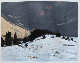 January End, Canadian Winter Landscape Collage Painting on Paper, 11 x 15 Inches, Stooshinoff