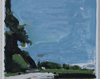 May include: A square painting on canvas featuring a landscape with a tall, dark green tree on the left side. The scene includes a light blue sky, a green grassy field, and a light-colored path or road in the foreground with dark shadows.