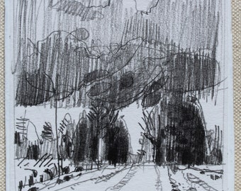 November Turn, Original Small Plein Air Landscape Drawing on Panel, Fridge Magnet, Stooshinoff