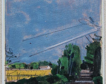 Original Small Gouache Landscape  Painting on Panel, Fridge Magnet, "To the Backlands"