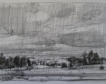 Morning On Racetrack Road, Original Landscape Plein Air Pencil Drawing, Stooshinoff