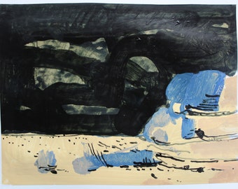 Night Beach, Original Abstract Landscape Collage Painting on Paper, 11 x 15 Inches, Stooshinoff