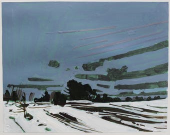 Original Landscape Collage Painting on Paper, 11 x 15 Inches, "Chickabiddy March"