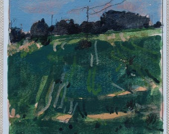 Original Small Gouache Landscape  Painting on Panel, Fridge Magnet, "Chickabiddy Green"