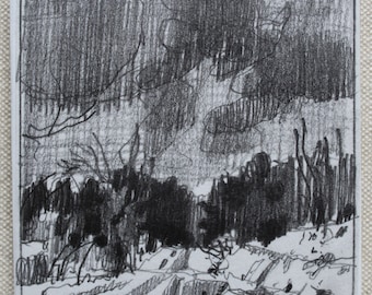 Original Small  Winter Plein Air Landscape Pencil Drawing on Panel, Fridge Magnet, Stooshinoff, "Overcast, February 8"