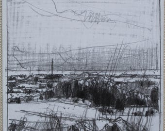 Original Small Plein Air Landscape Pencil Drawing on Panel, Fridge Magnet, "To Lake Ontario"