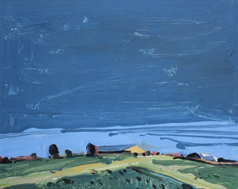 Original Canadian Landscape Collage Painting on Panel, 8 x 10 Inches, Stooshinoff, "Horse Farm, October Evening"