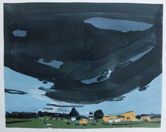 Horse Farm Landscape  Collage Painting, 11 x 15 Inches, "Evening Cloud"