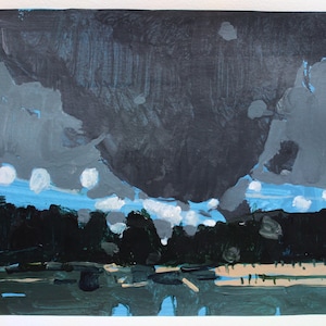 Cloud Over Trout Pond, Original Autumn Landscape Collage Painting on Paper, 11 x 15 Inches, Stooshinoff